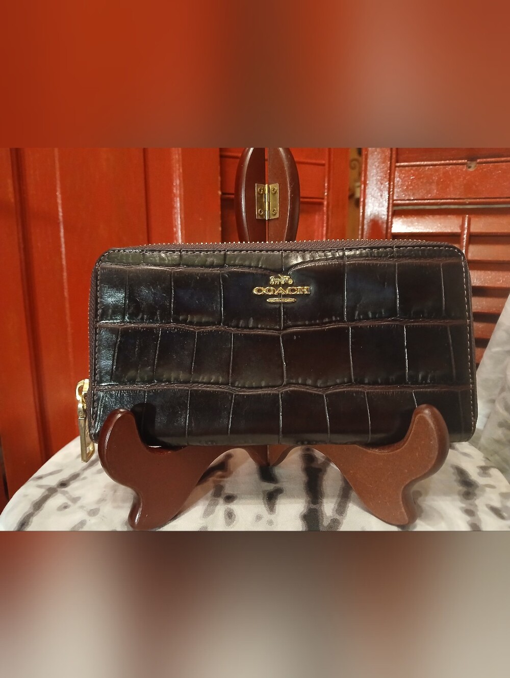Coach Burgundy Croc-Embossed Leather Wallet